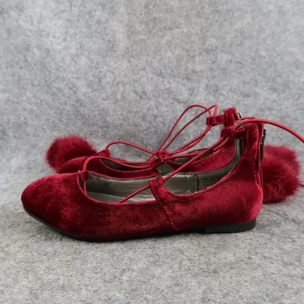 Sugar Shoes Kids 13 Ballet Flats Pom Pom Tie Red Round Toe Faux Fur Lollipop